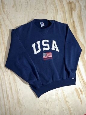 Vtg 90s Russell Athletic USA Made Blue Sweatshirt Sz M Embroidered Letters Flag